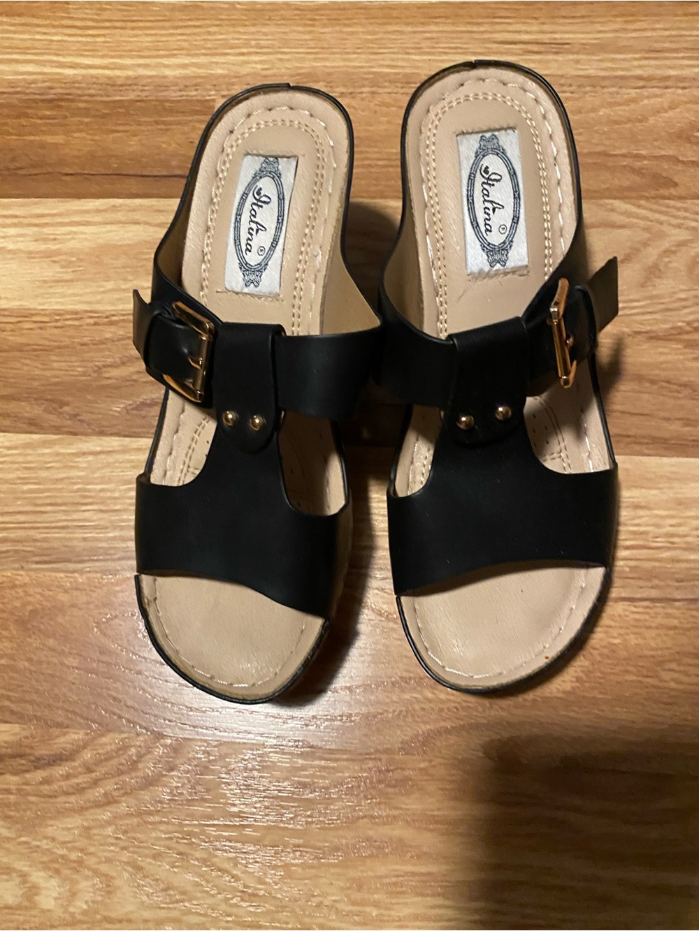 Italina Black and Tan Slide Sandals with Gold Buckle